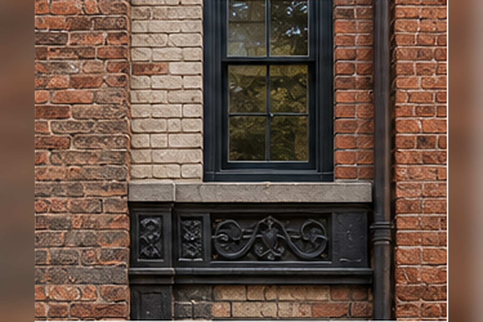 Close detail of restored nineteenth-century Richmond brickwork beside older weathered brick, with a newly installed black-framed window.