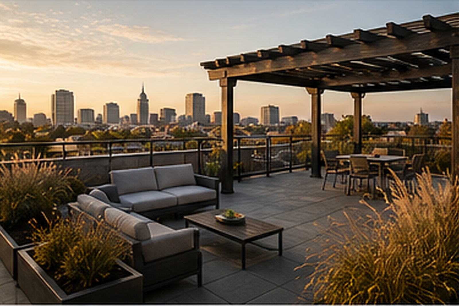 A rooftop terrace on a Richmond condominium building at golden hour with planters, seating and a pergola.