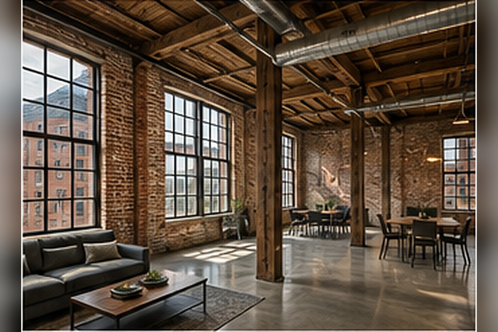 Interior of a converted Richmond industrial loft condominium with exposed red brick, original timber columns and tall factory windows.